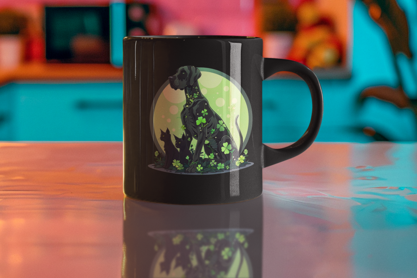 Great Dane Sugar Skull and Black Cats Shamrock Mug - Day of the Dead St. Patrick's Day Coffee Cup | Gothic Pet Lover Gift