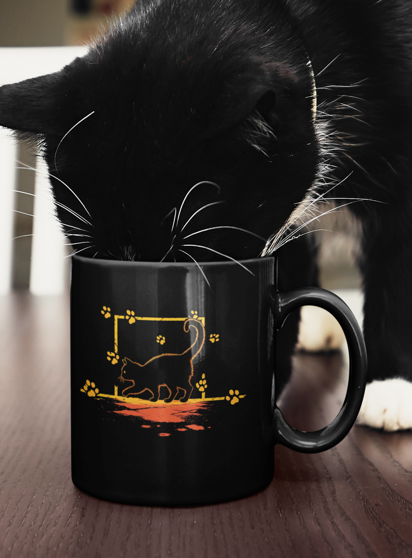 Unknown Feral Cat at Night Mug | Cat Silhouette Mug with Paw Prints