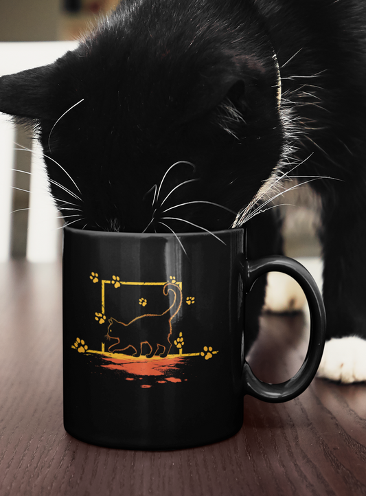 Unknown Feral Cat at Night Mug | Cat Silhouette Mug with Paw Prints