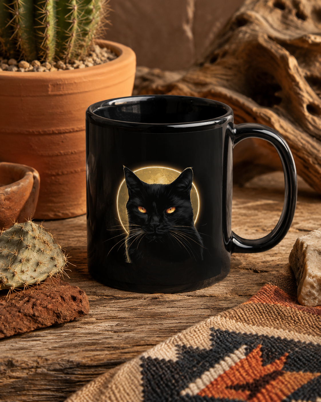 Feral black cat full moon mug with glowing amber eyes on black ceramic coffee cup