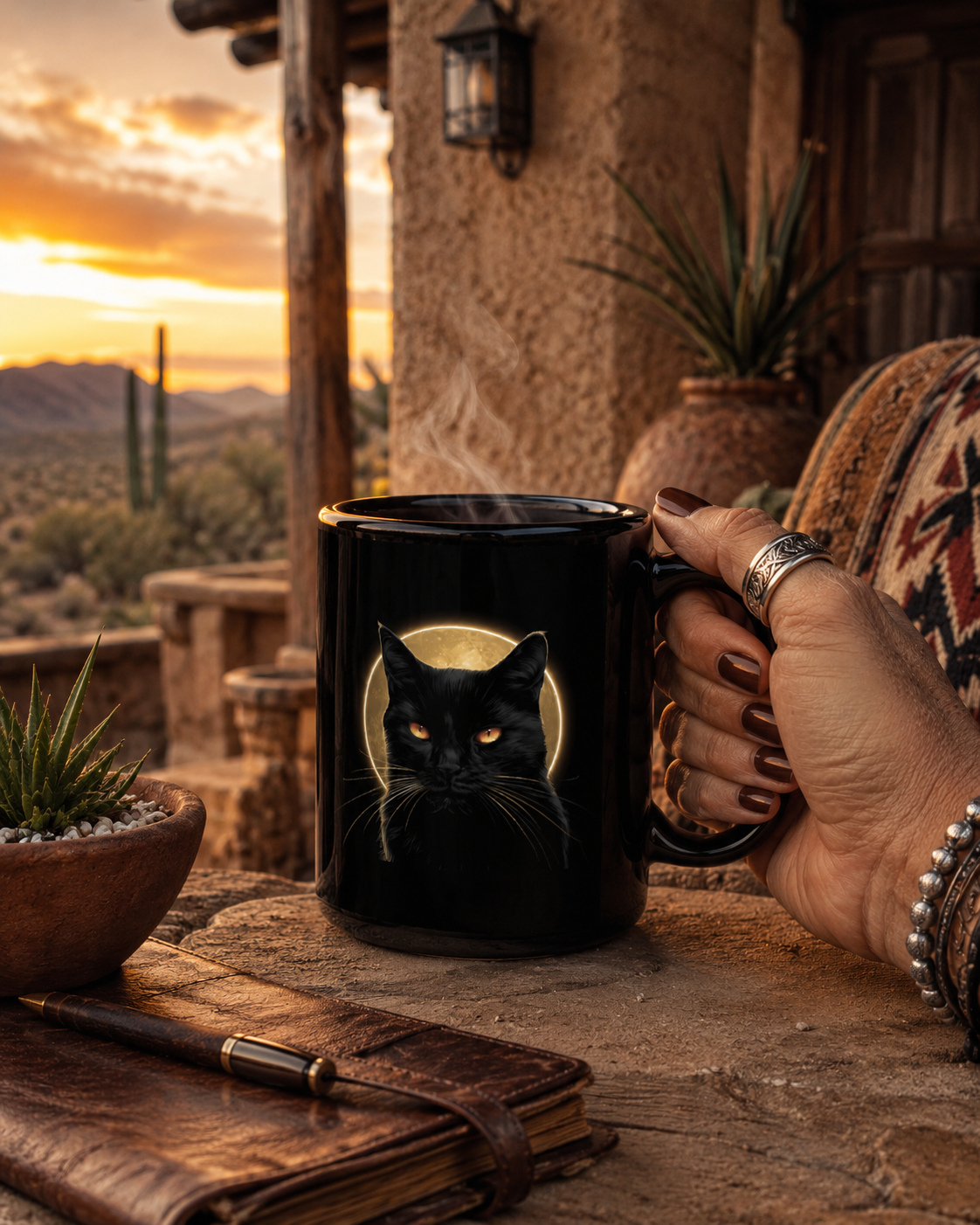 Feral black cat full moon mug with glowing amber eyes on black ceramic coffee cup with hand