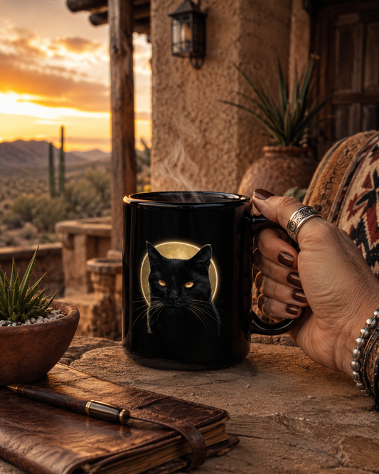 Feral black cat full moon mug with glowing amber eyes on black ceramic coffee cup with hand