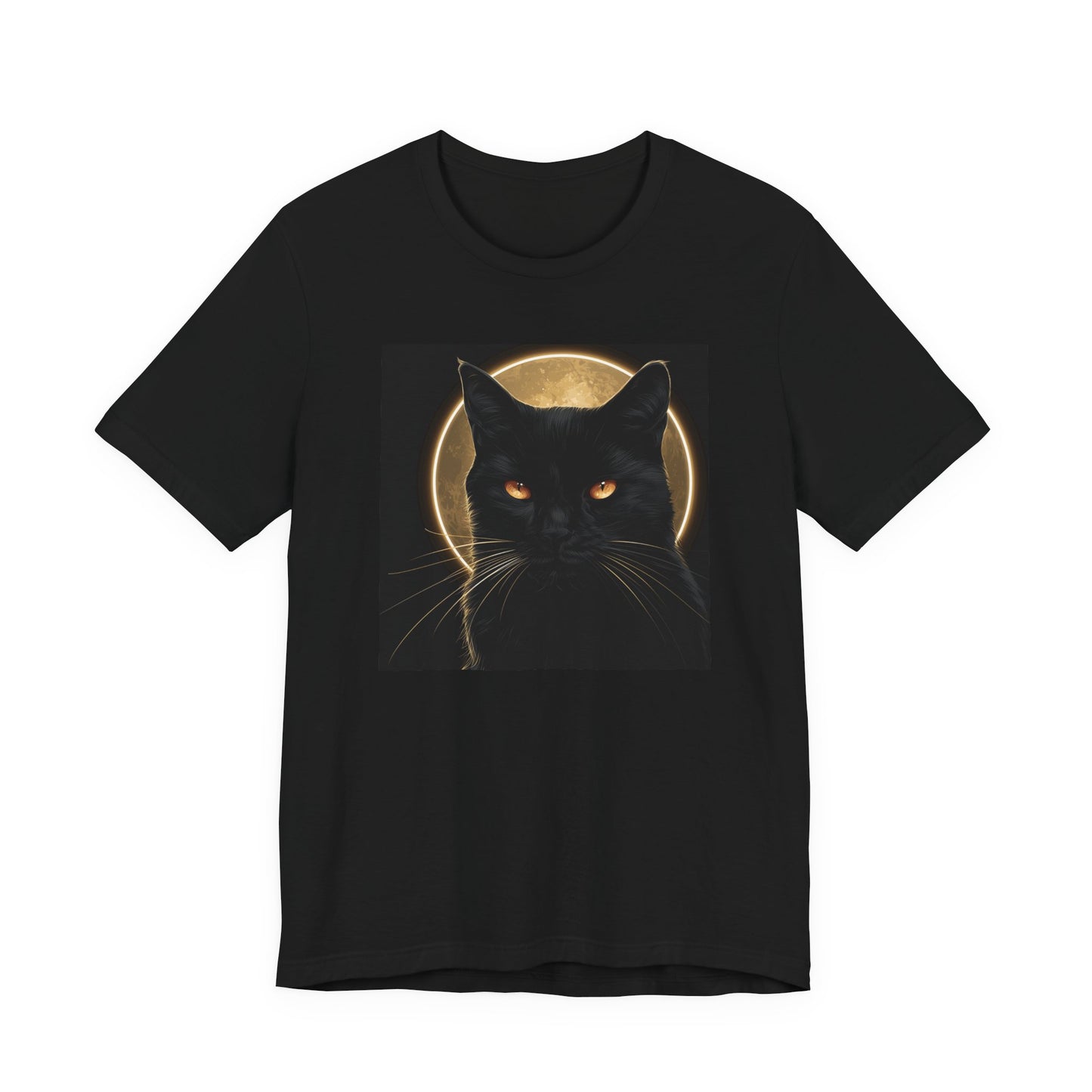 Feral black cat full moon graphic tee with glowing amber eyes on black shirt