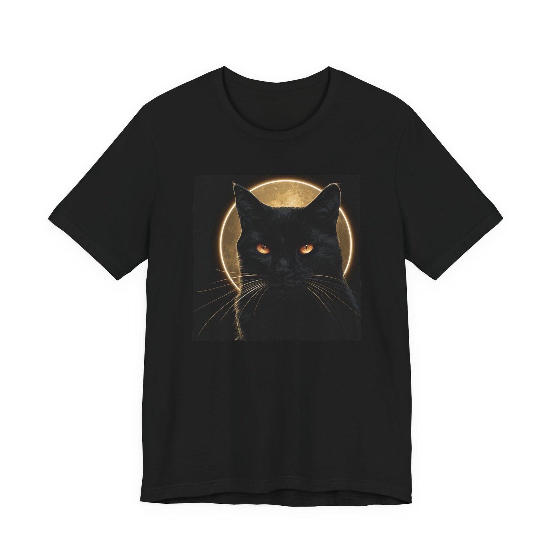 Feral black cat full moon graphic tee with glowing amber eyes on black shirt