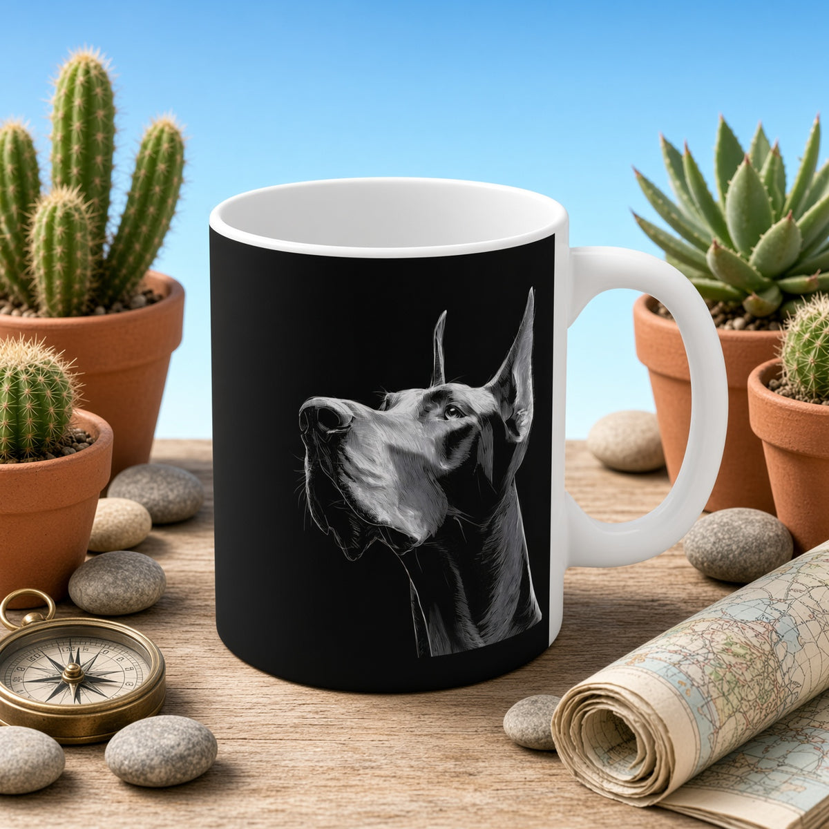 Great Dane mug with line art on a table with stones and a map, against a blue sky