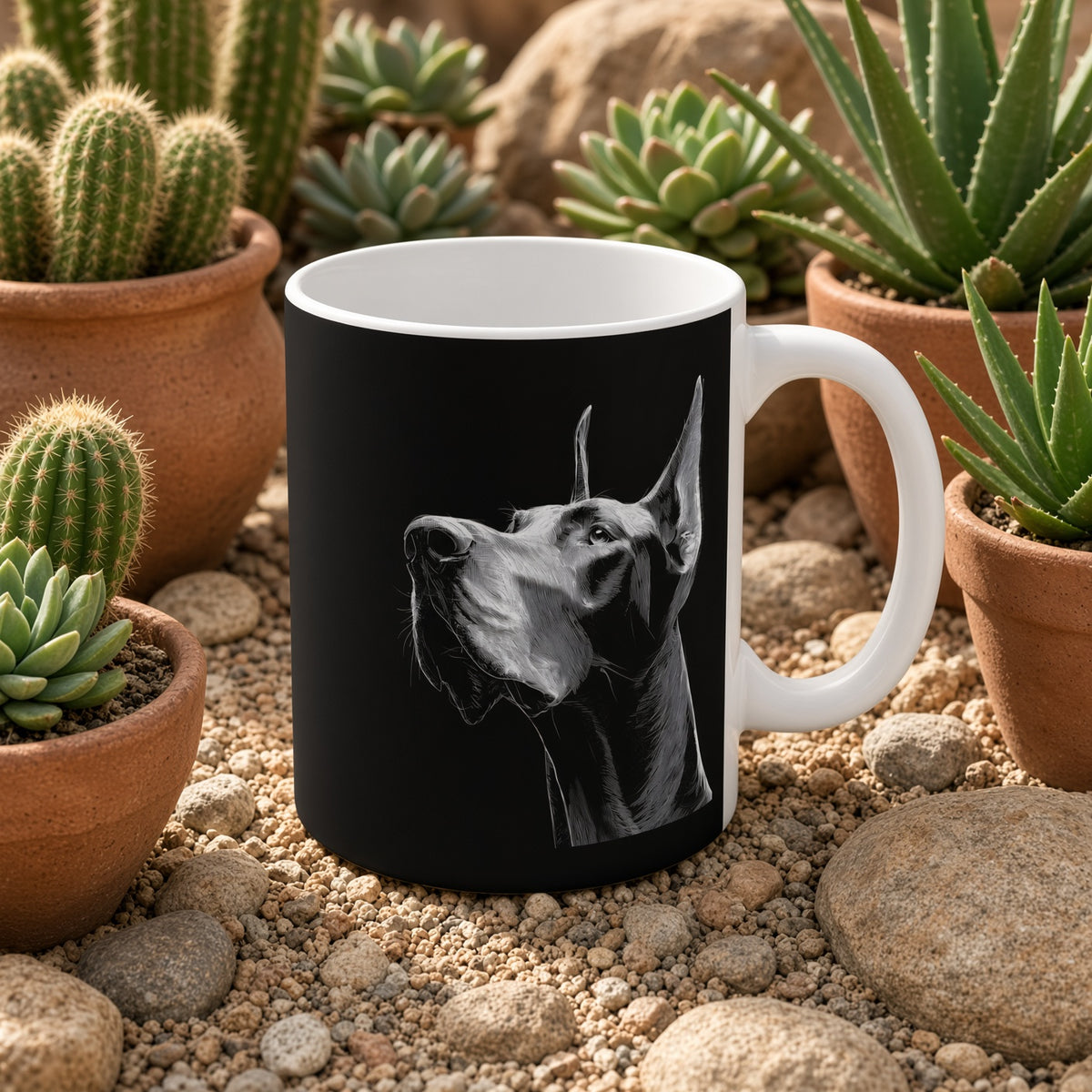Great Dane mug featuring line art, surrounded by potted succulents on gravel
