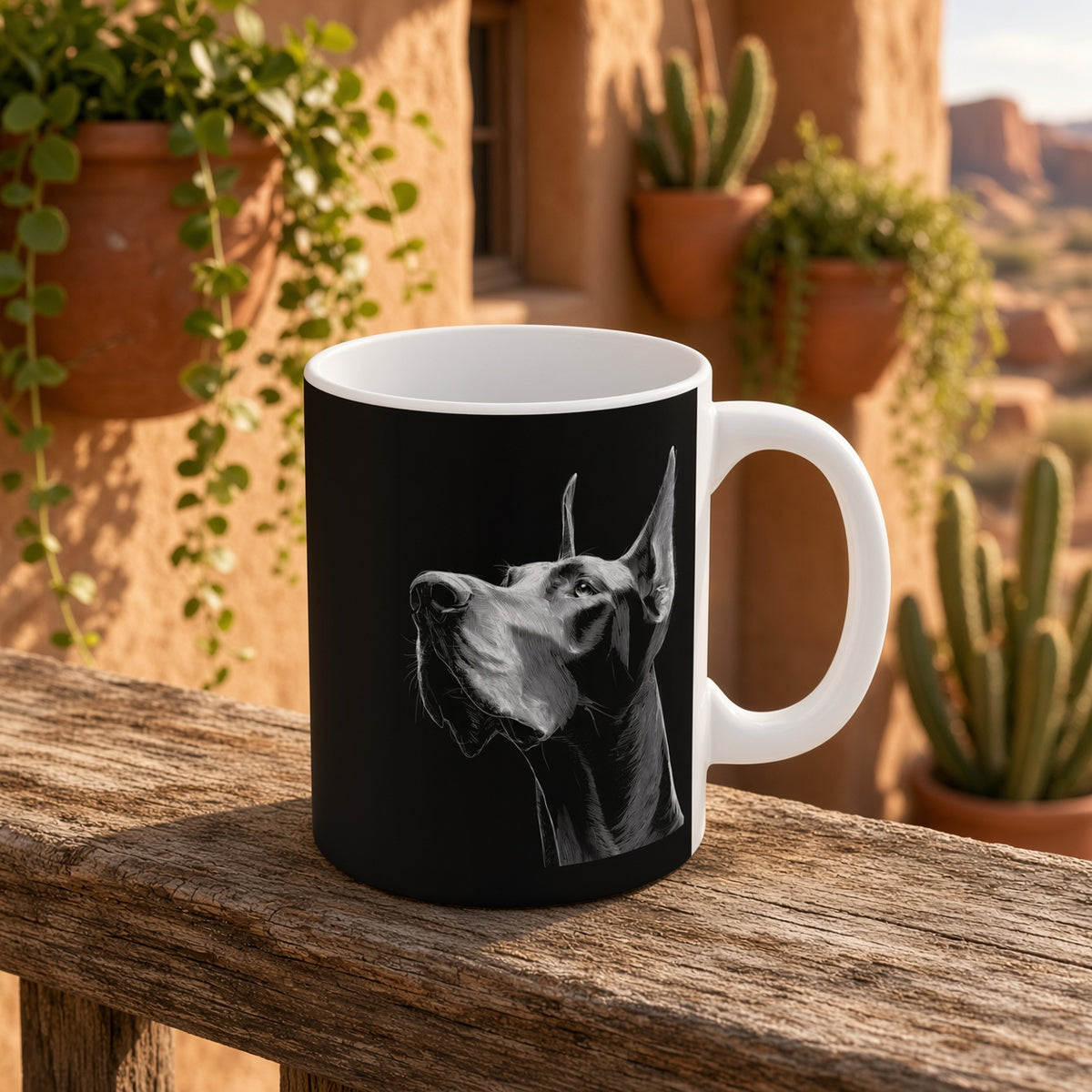 Great Dane mug with line art on a wooden railing, with plants in the background