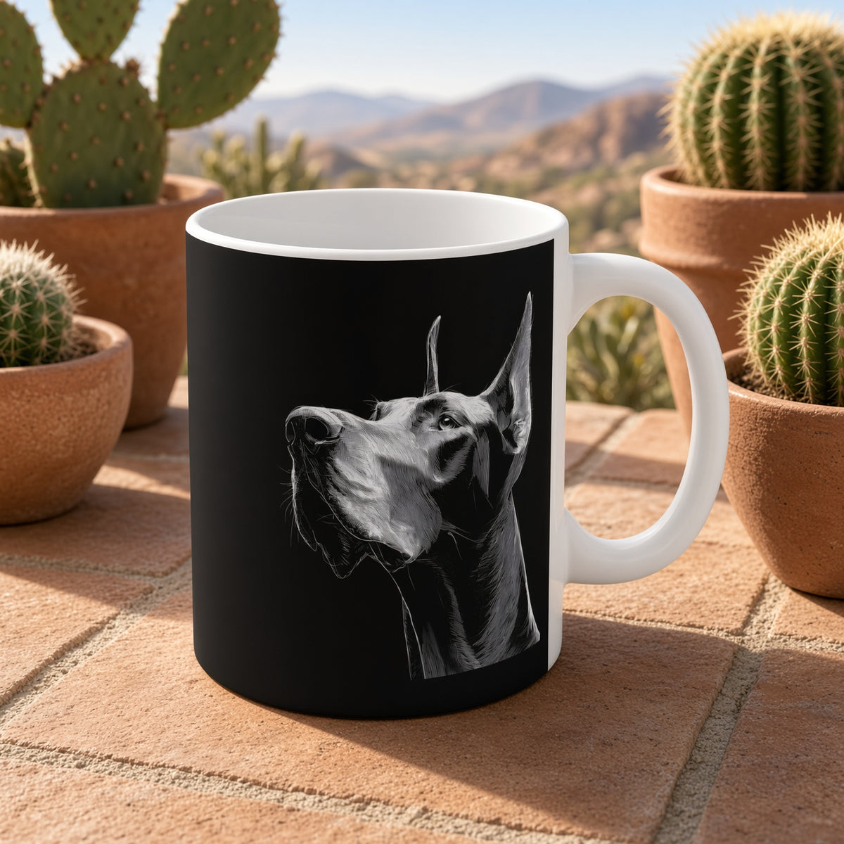 Great Dane mug with minimalist line art on a patio with cacti in the background