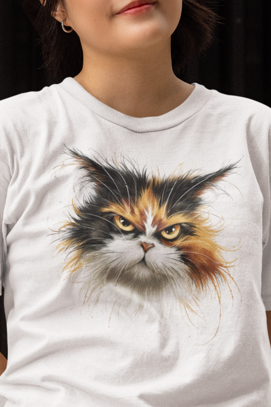 Grumpy Calico Rescue Tee with detailed angry calico cat portrait on White unisex shirt
