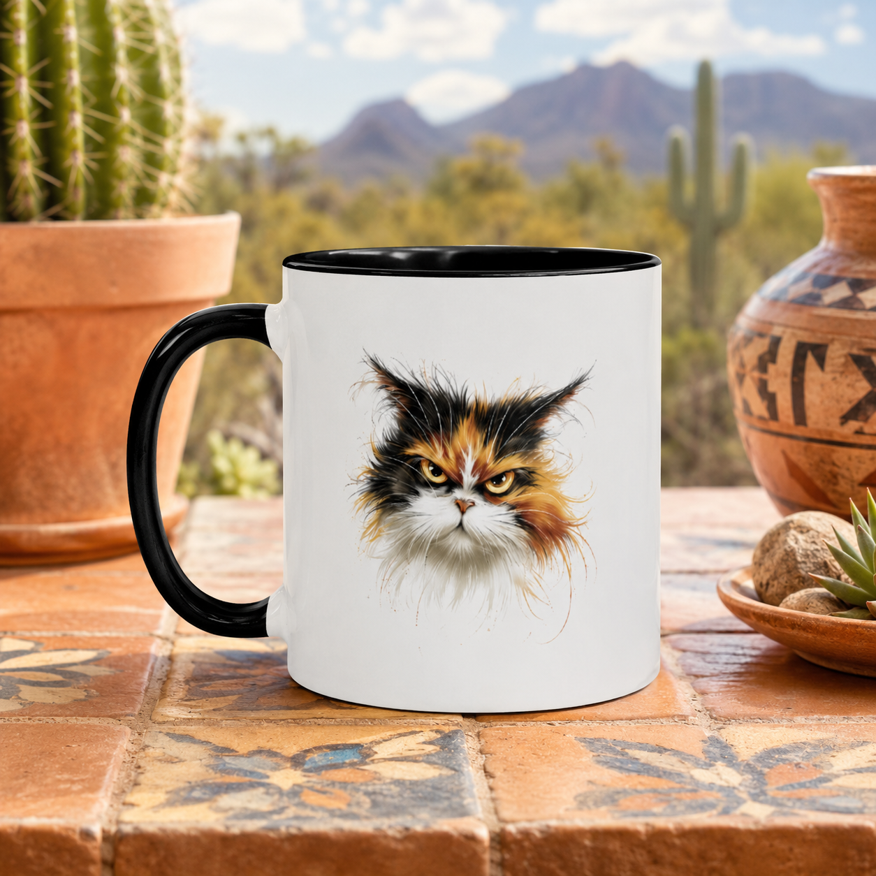 white ceramic mug with black handle featuring a grumpy long-haired calico cat face, styled on an Arizona desert patio with cactus and warm tile.