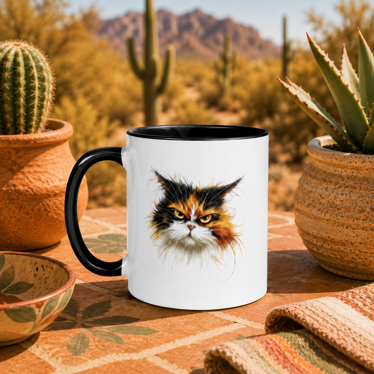 Grumpy calico cat mug with black interior and handle displayed outdoors against a bright Arizona desert background with cactus and mountains.