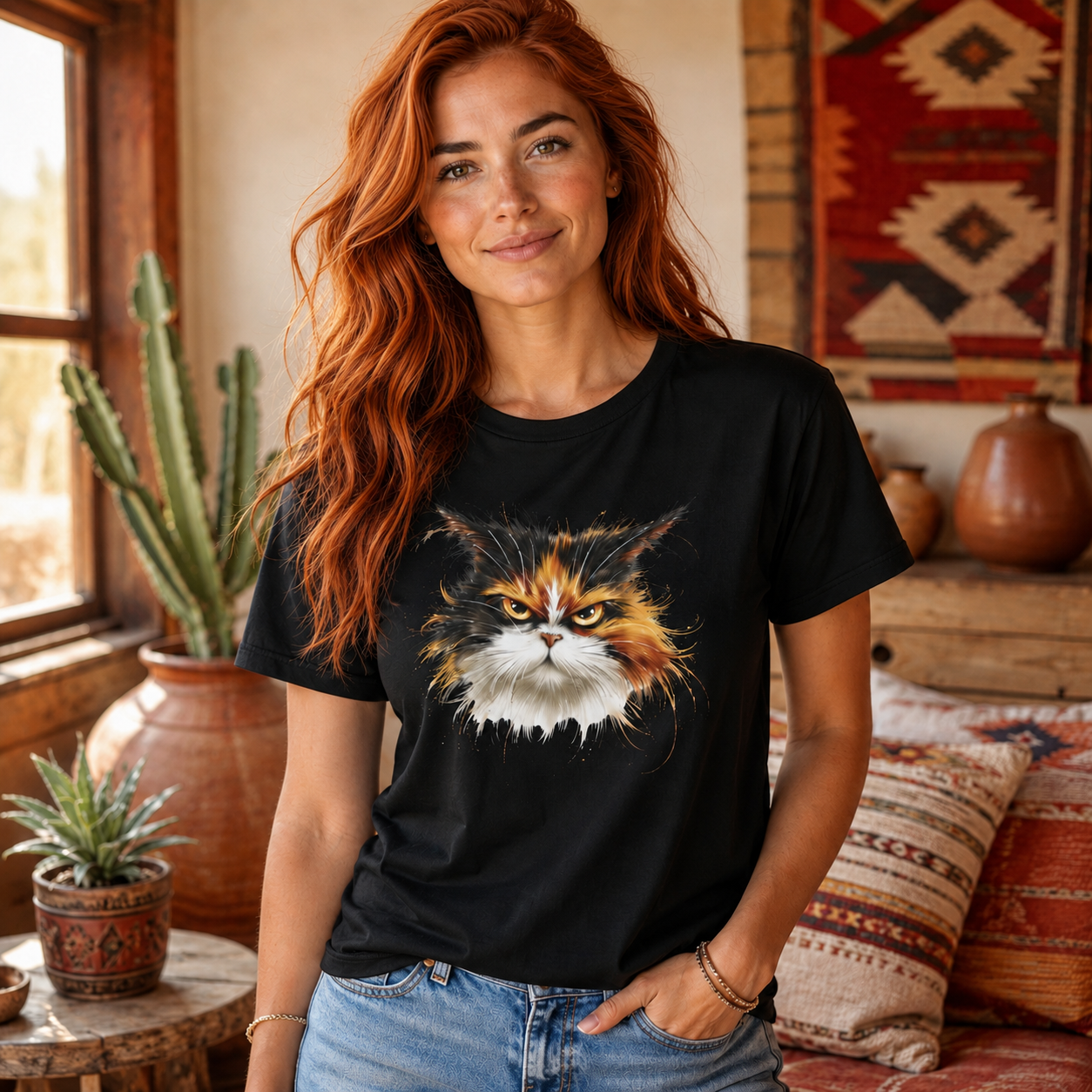 Red-haired female model wearing a black grumpy calico cat t-shirt in a cozy indoor Southwestern lifestyle setting with cactus and warm desert decor.