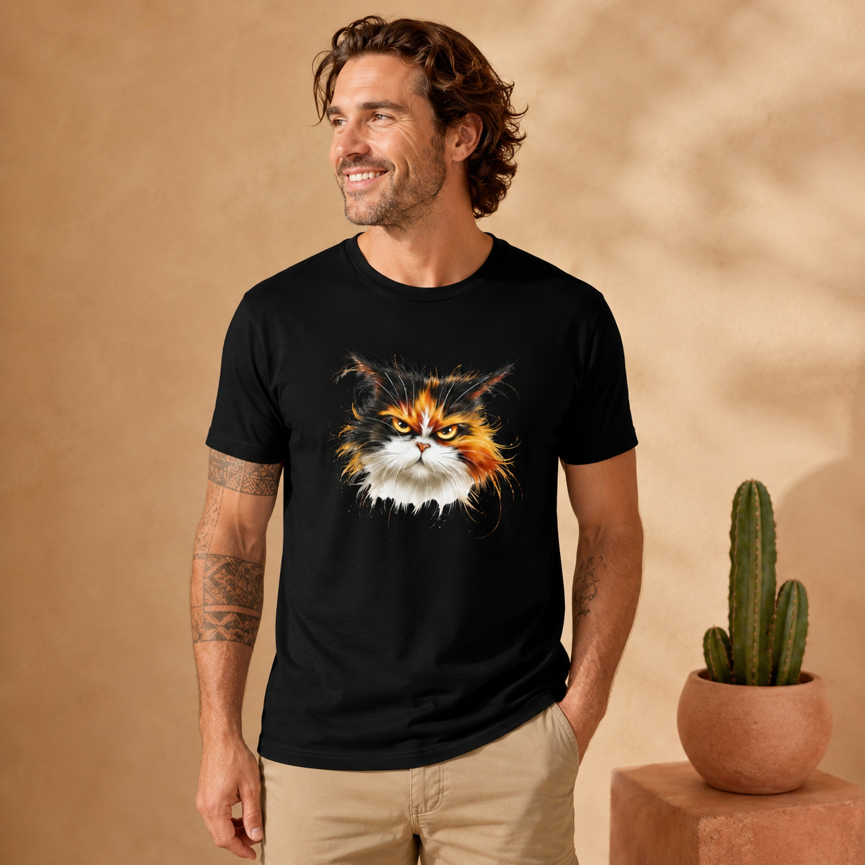 Man wearing a black t-shirt with Black cat art t-shirt featuring an intense grumpy calico face with orange, black, and white fur on a soft black tee.