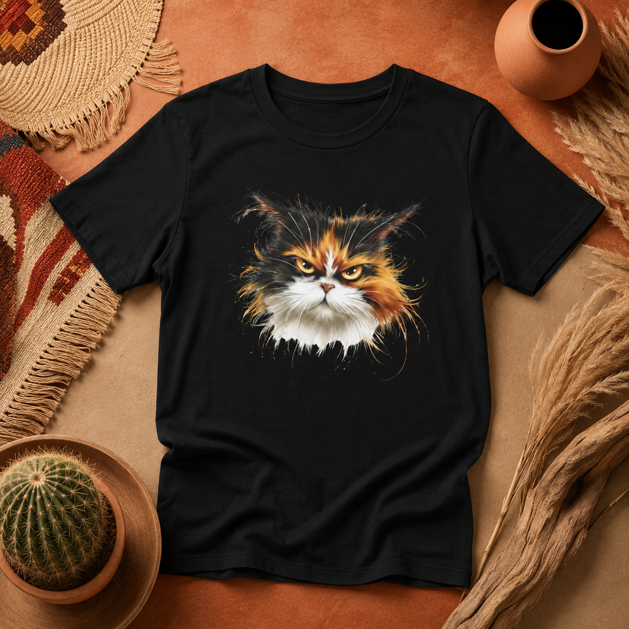 Black calico cat graphic tee shown in a moody flat lay with Southwestern textiles, cactus, pottery, and desert-toned decor.