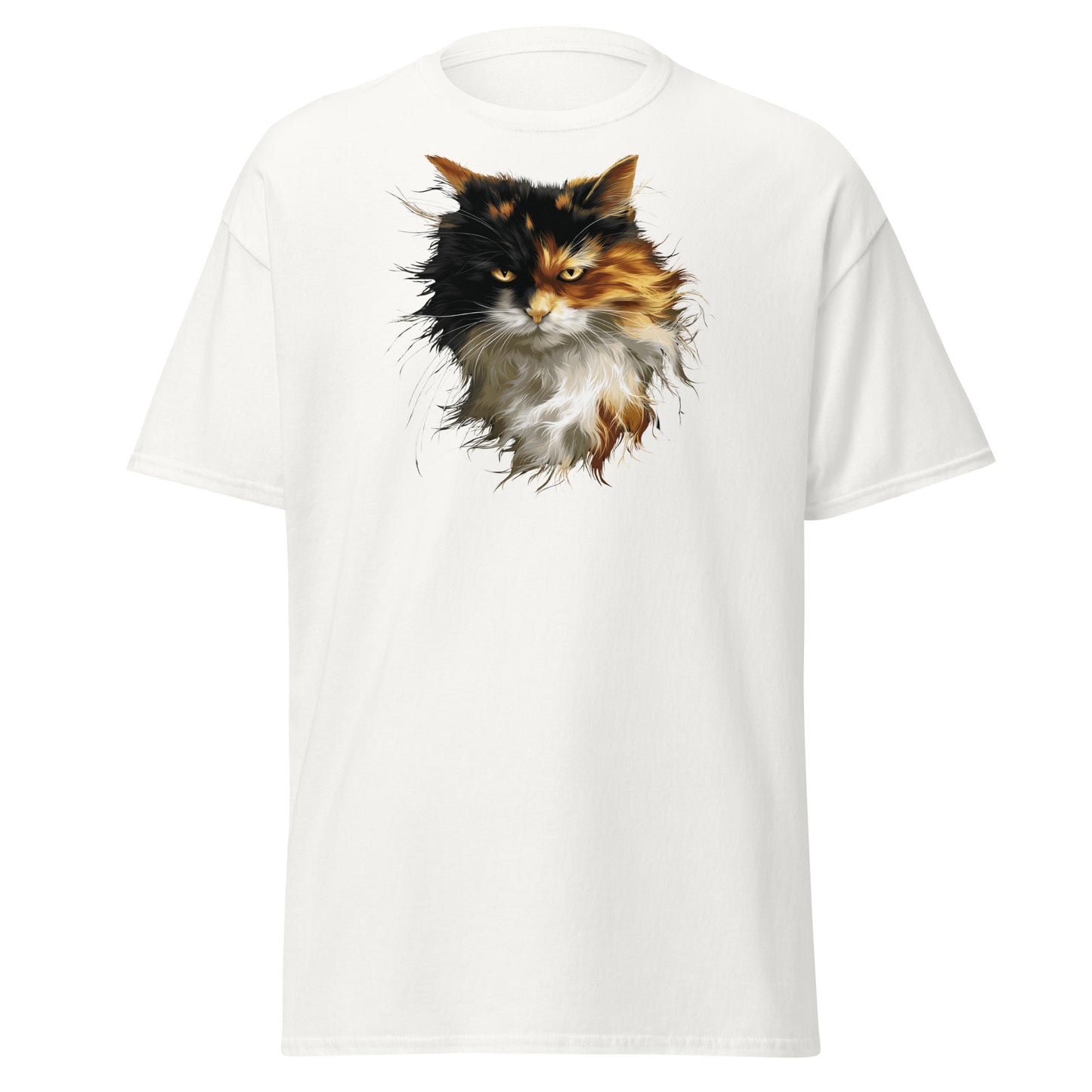 Long Hair Long Life Calico Shirt featuring a long-haired calico cat portrait on a whte tee