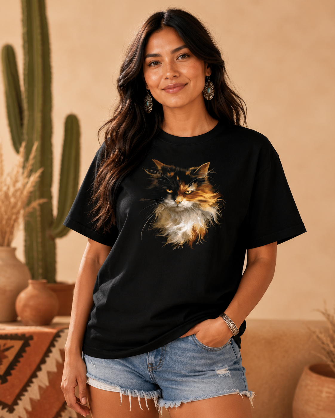 Woman wearing a black long-haired calico cat graphic t-shirt in a warm Arizona desert-inspired studio with cactus and Southwestern decor.