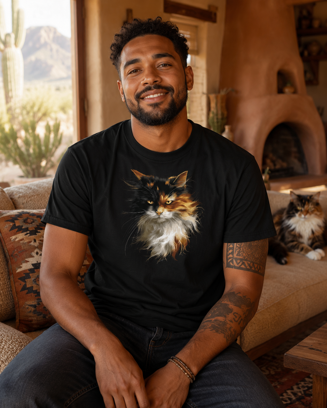 Man wearing a black long-haired calico cat graphic t-shirt in a cozy Southwestern desert home with rustic decor, cactus views, and a calico cat on the couch.