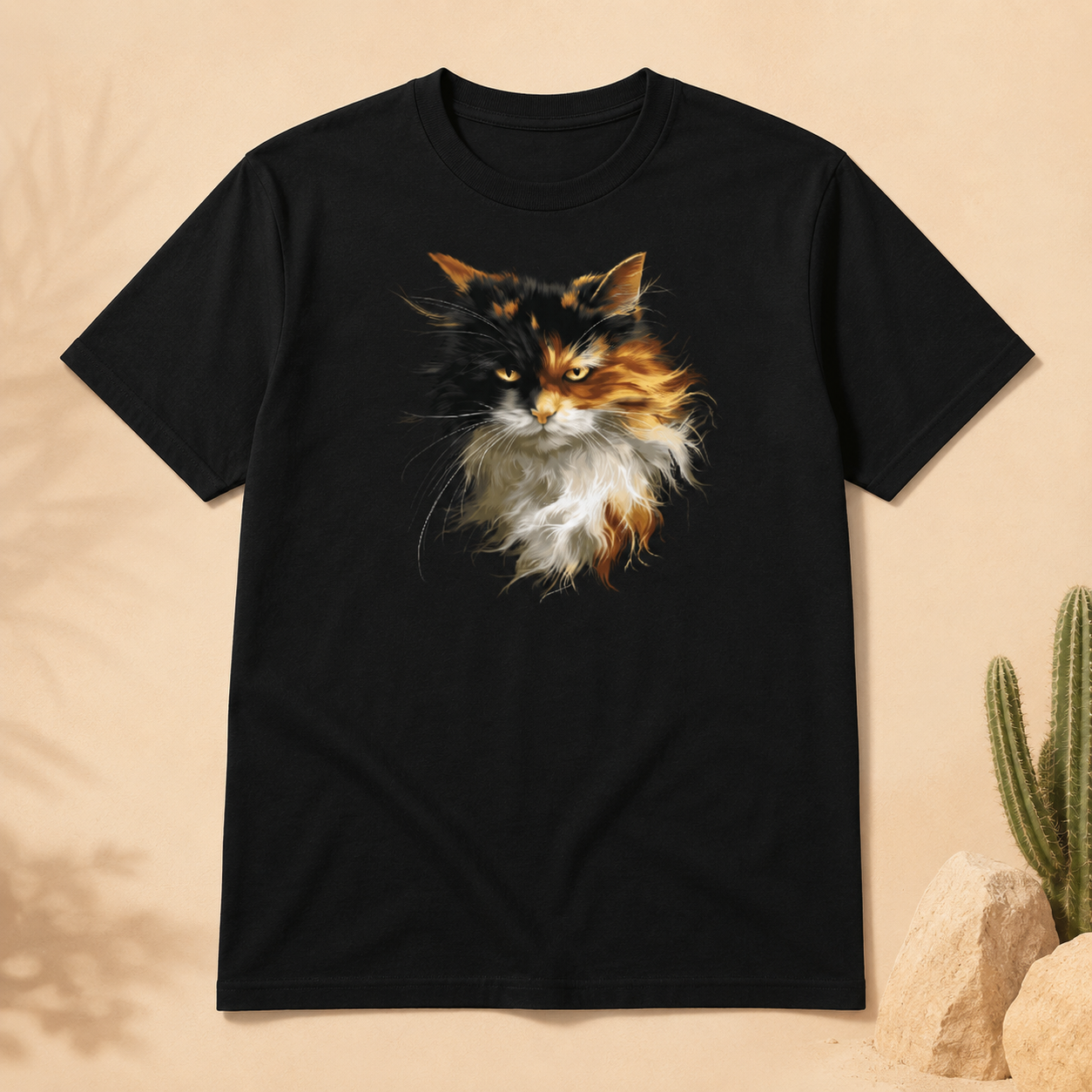 long-haired calico cat graphic t-shirt in a cozy Southwestern desert home with rustic decor, cactus views, and a calico cat on the couch.