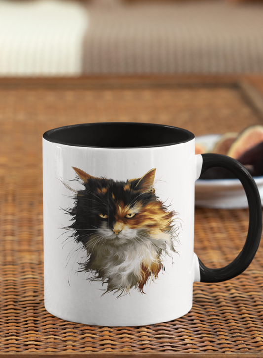 Long Hair, Long Life Calico Mug with fluffy calico cat portrait on ceramic mug