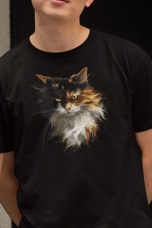 Person wearing Long Hair Long Life Calico Shirt featuring a long-haired calico cat portrait on a black tee