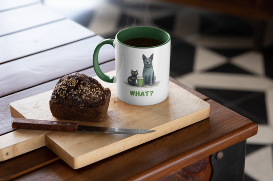 St. Patrick’s Day accent mug with blue heeler and black cat, green beer and shamrocks, text ‘WHAT?’, green inside and handle