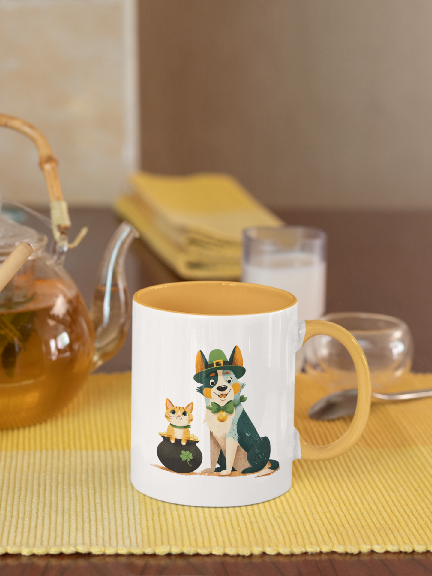 Blue Heeler in leprechaun hat with ginger cat in pot of gold St Patrick’s Day accent mug, gold colored handle