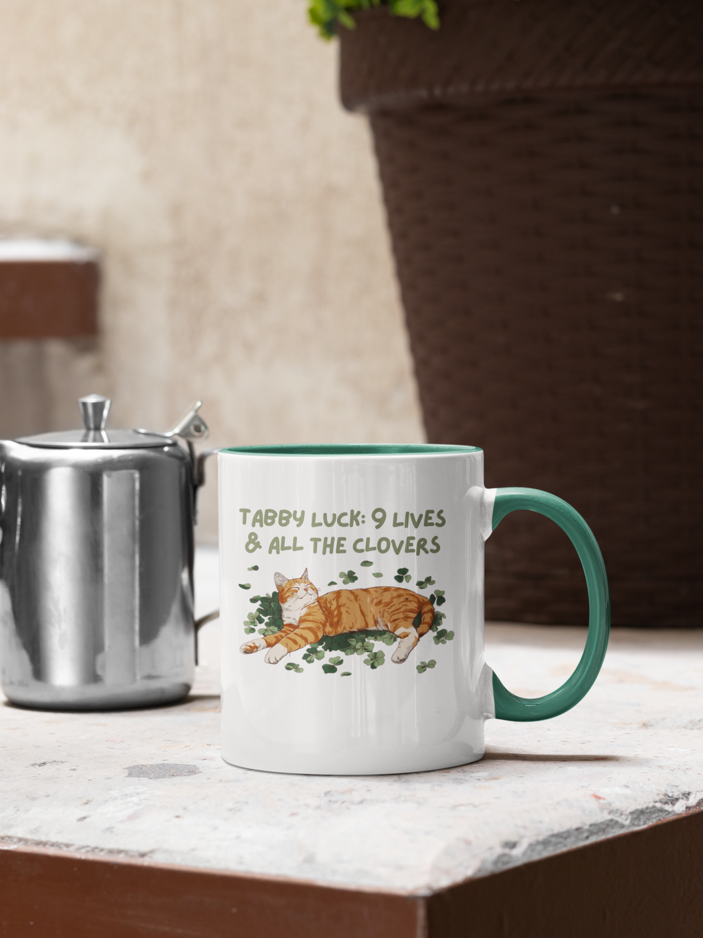 Tabby Luck: 9 Lives & All the Clovers, Funny Ginger Cat St. Patrick's Day Mug | Orange Tabby Shamrock Coffee Cup Gift