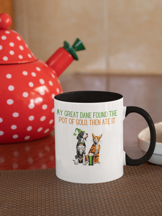 Funny Great Dane and Orange Cat St. Patrick's Day Mug - "Found the Pot of Gold, Then Ate It"
