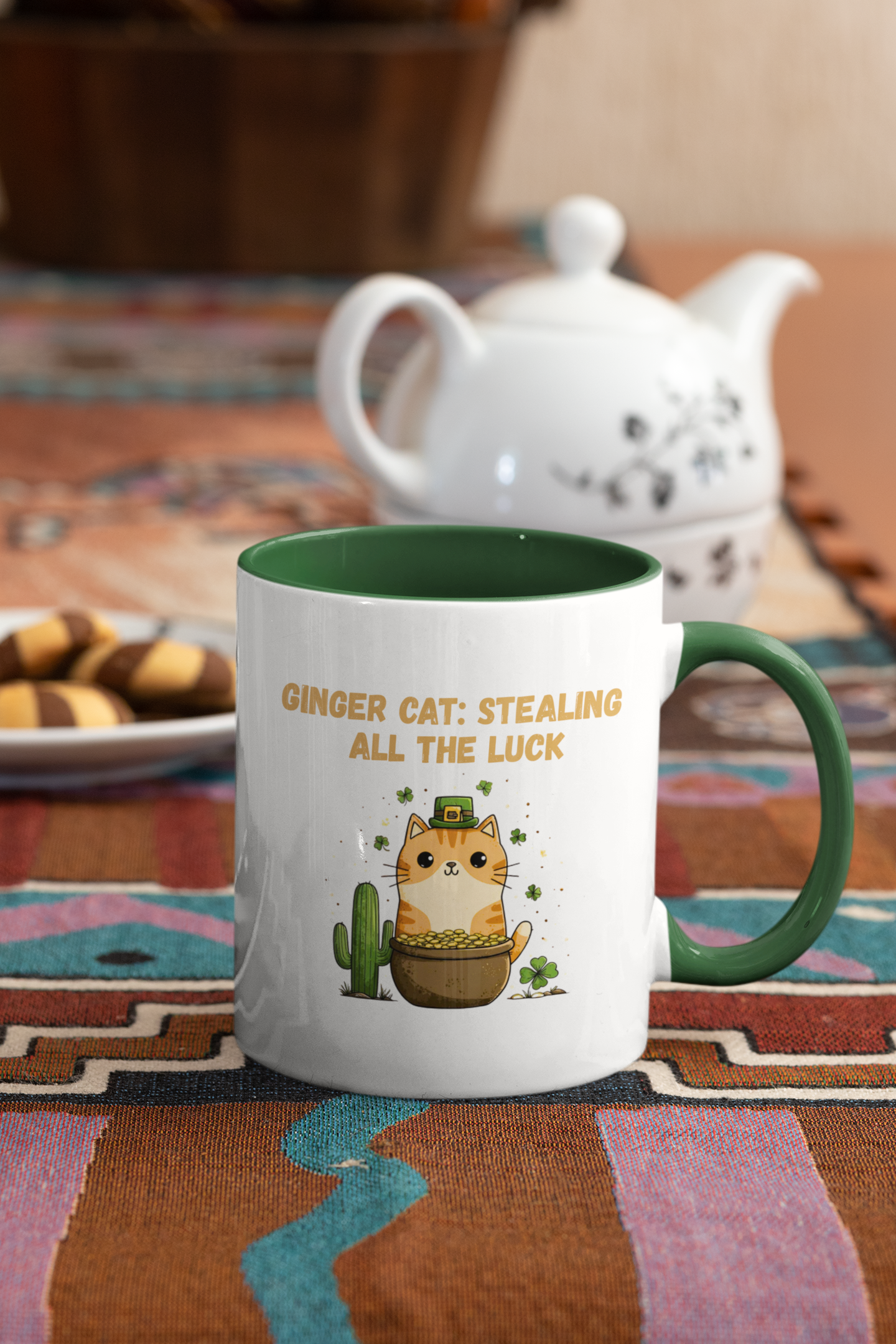 Ginger Cat Stealing All the Luck St. Patrick’s Day mug with orange tabby, pot of gold, shamrocks and saguaro cactus, green handle