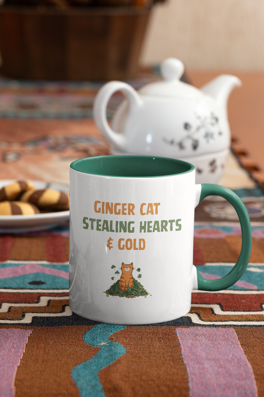 Ginger Cat Stealing Hearts and Gold - St. Patrick's Day Shamrock Coffee Mug | Orange Tabby Cat Lover Gift