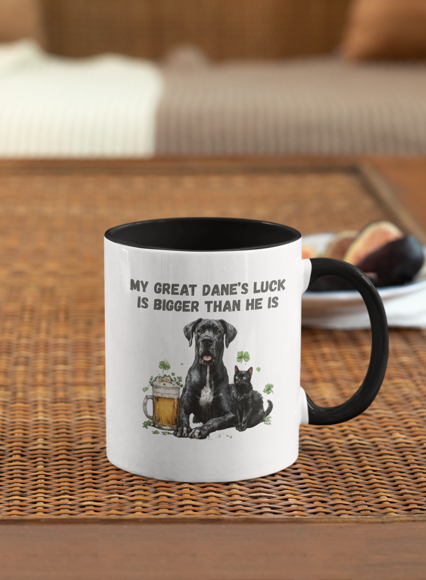 Funny Great Dane and black cat St Patrick’s Day accent mug with beer and shamrocks, quote ‘My Great Dane’s Luck Is Bigger Than He Is"
