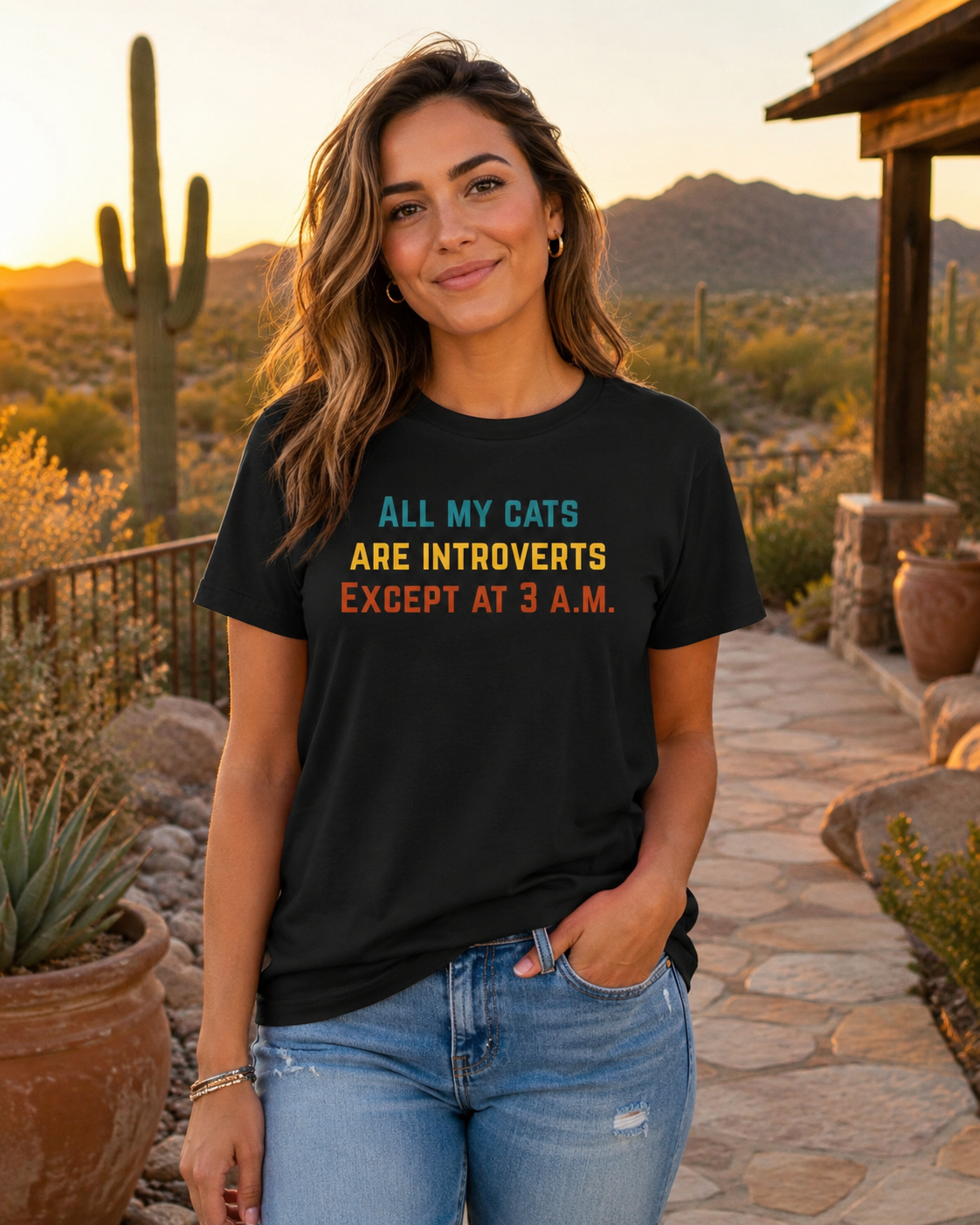 Female model wearing a black “All My Cats Are Introverts Except at 3 A.M.” T-shirt outdoors in a warm Arizona desert setting.