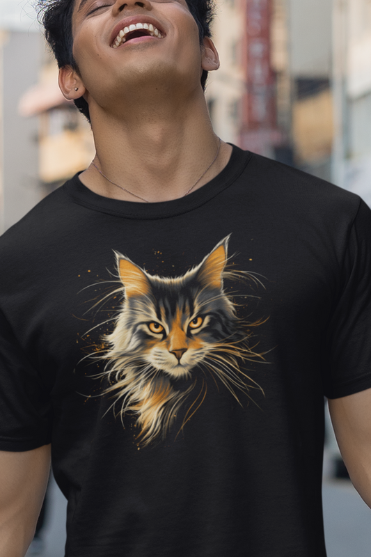 Person wearing a Neighborhood Feral Messenger Shirt with long-haired feral cat portrait and glowing gold detail on black tee