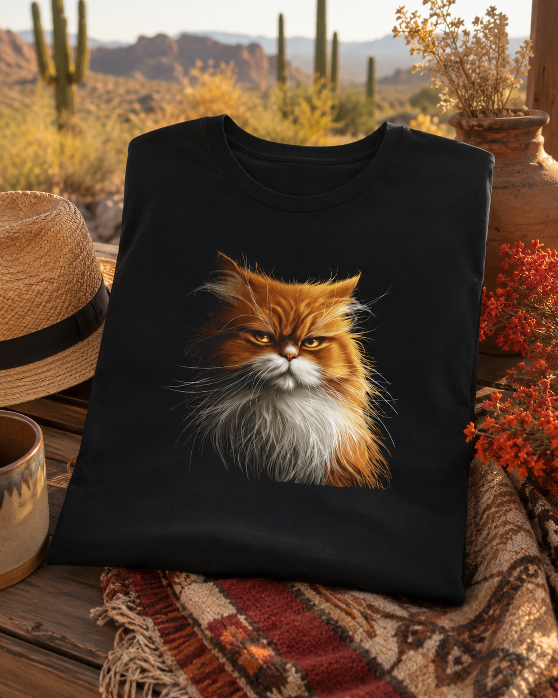 Folded black orange cat graphic t-shirt styled on a rustic desert patio with a straw hat, pottery, flowers, and saguaro views.