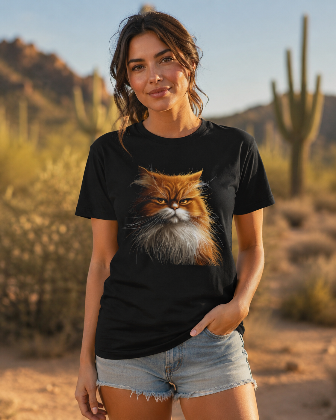 Woman wearing a black orange cat graphic t-shirt in a sunny Arizona desert setting with saguaros and warm golden light.