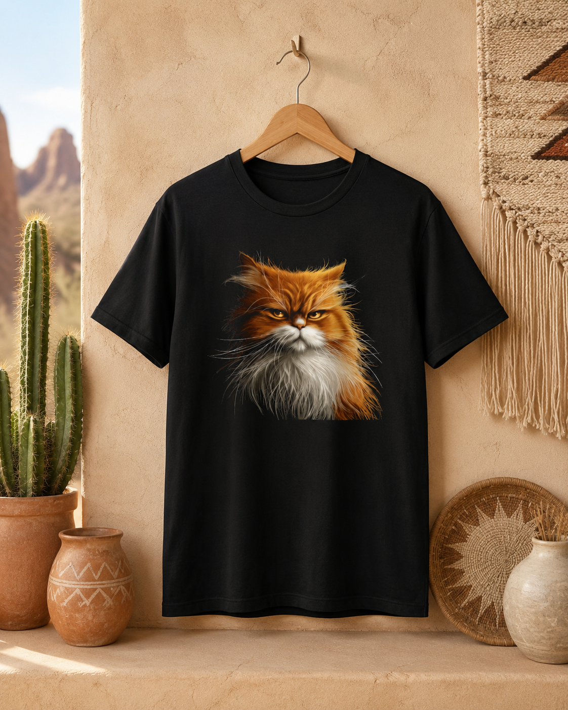 Black orange cat t-shirt hanging on a wooden hanger against an adobe-style wall with cactus, pottery, and woven desert decor.