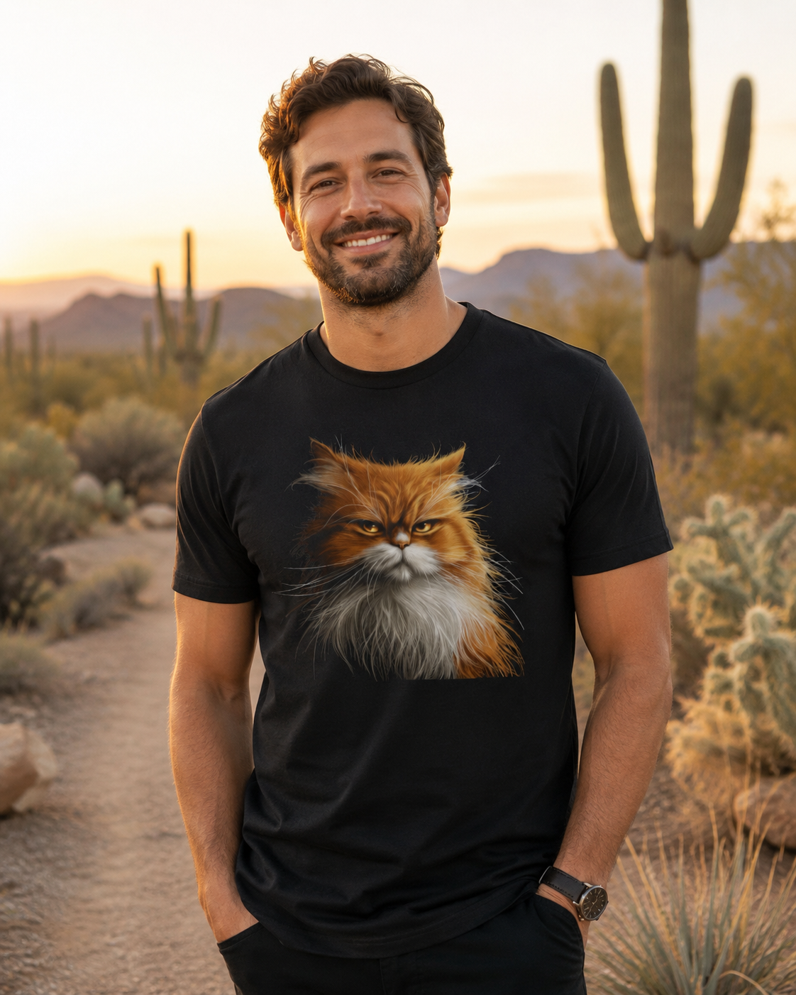 Man wearing a black orange cat graphic t-shirt on an Arizona desert trail at sunset with saguaros and warm golden light.