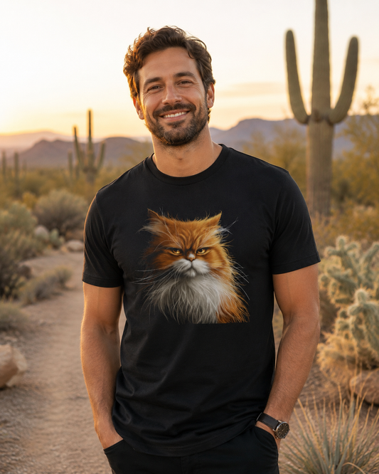 Man wearing a black orange cat graphic t-shirt on an Arizona desert trail at sunset with saguaros and warm golden light.