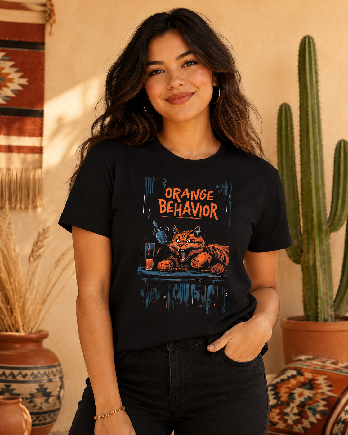 Woman wearing a black Orange Behavior cat graphic t-shirt in a warm Arizona desert-inspired studio with cactus, pottery, and Southwestern textiles.