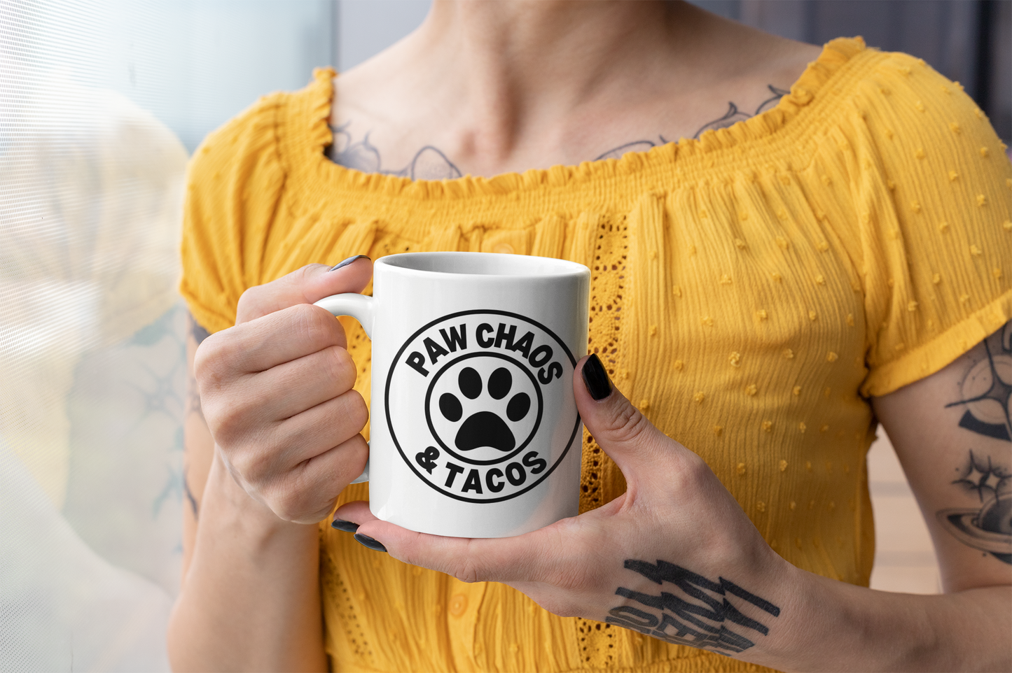 Paw Chaos and Tacos Mug (11oz) – Funny Dog Cat Lover Coffee Cup