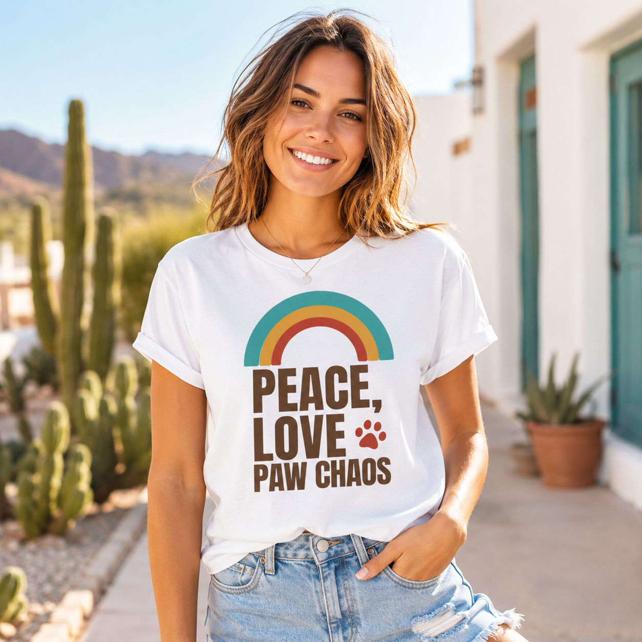 Woman wearing a white t-shirt with a rainbow and text design, standing outdoors.