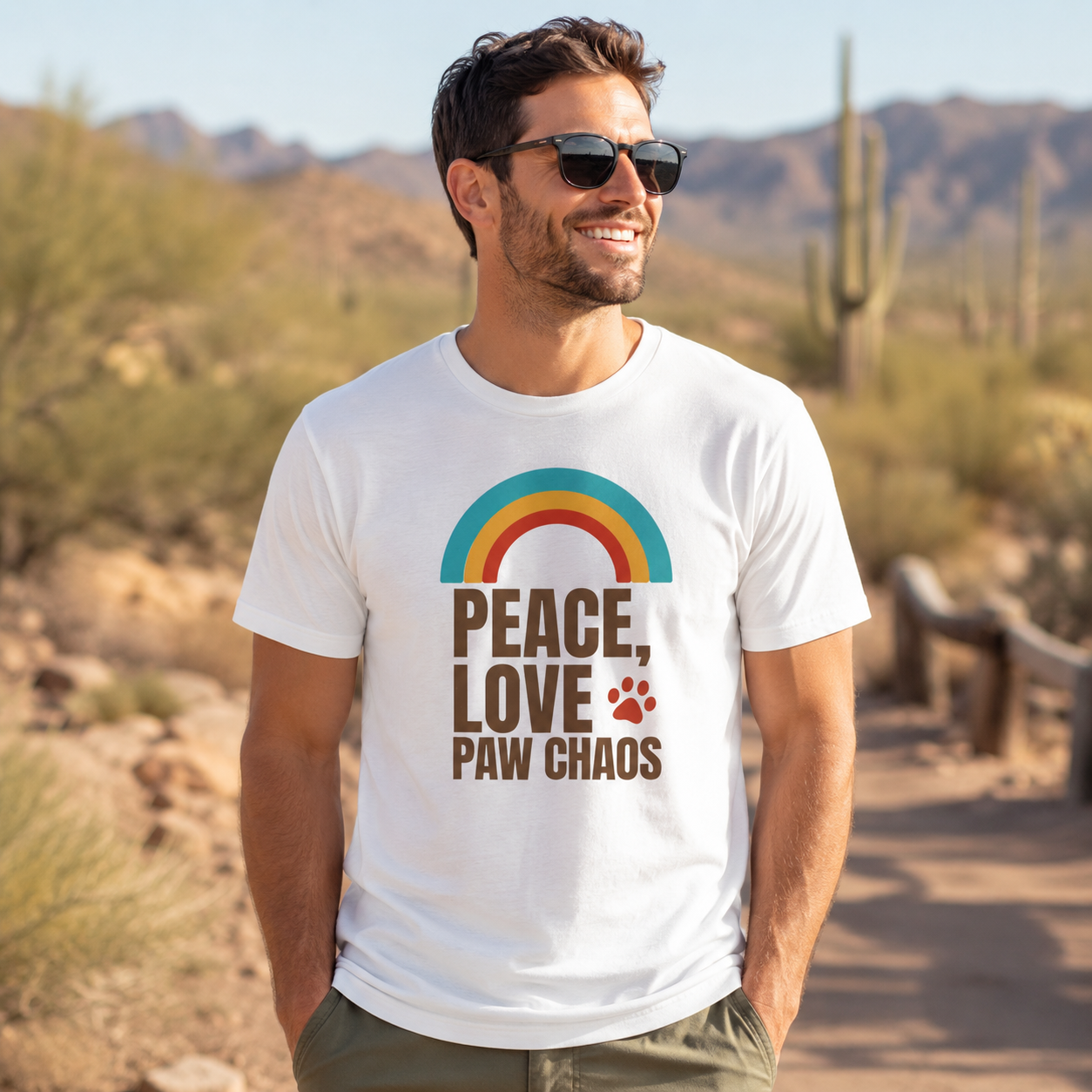 Man wearing a white t-shirt with a rainbow and text design, standing in a desert landscape.