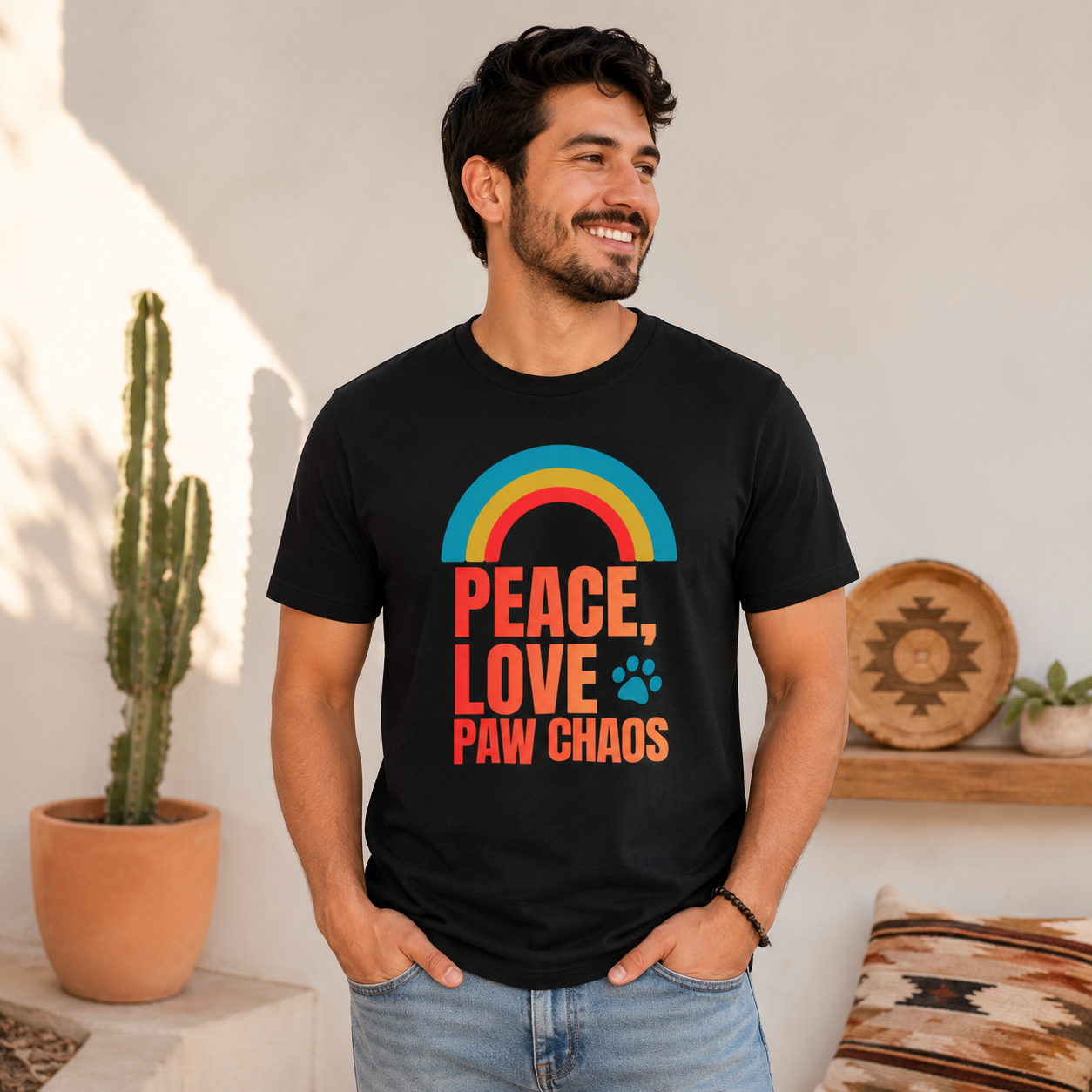 Man wearing a black t-shirt with a colorful rainbow design and text, standing in a room with a cactus plant and wooden shelf.
