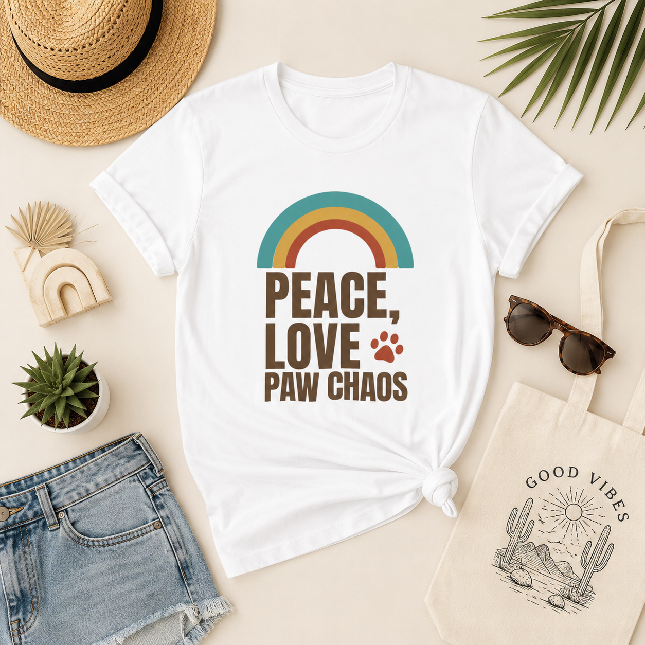 White t-shirt with rainbow and text design on a neutral background with accessories.