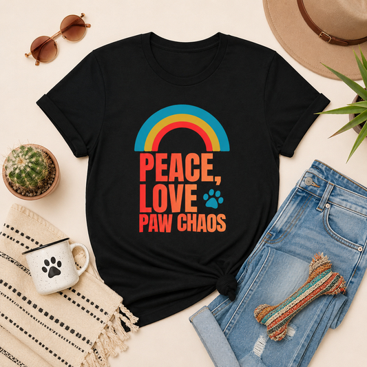 Black t-shirt with rainbow and text design, surrounded by casual items on a light surface.