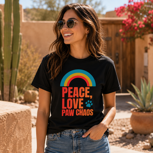Woman wearing a black t-shirt with a colorful graphic and text, standing outdoors.