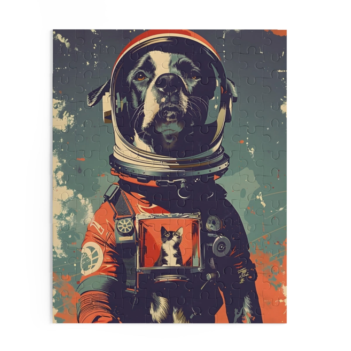 Dog in an astronaut suit holding a cat in a frame against a starry space background