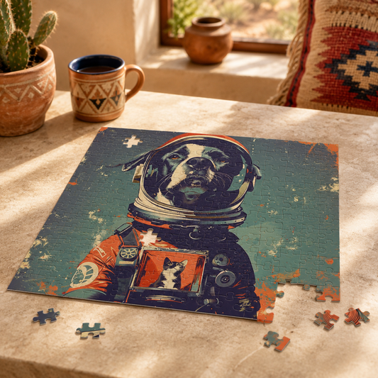 Retro astronaut dog jigsaw puzzle with cat in chest pocket, shown on sunlit table with Southwestern coffee mug and potted cactus in cozy indoor setting