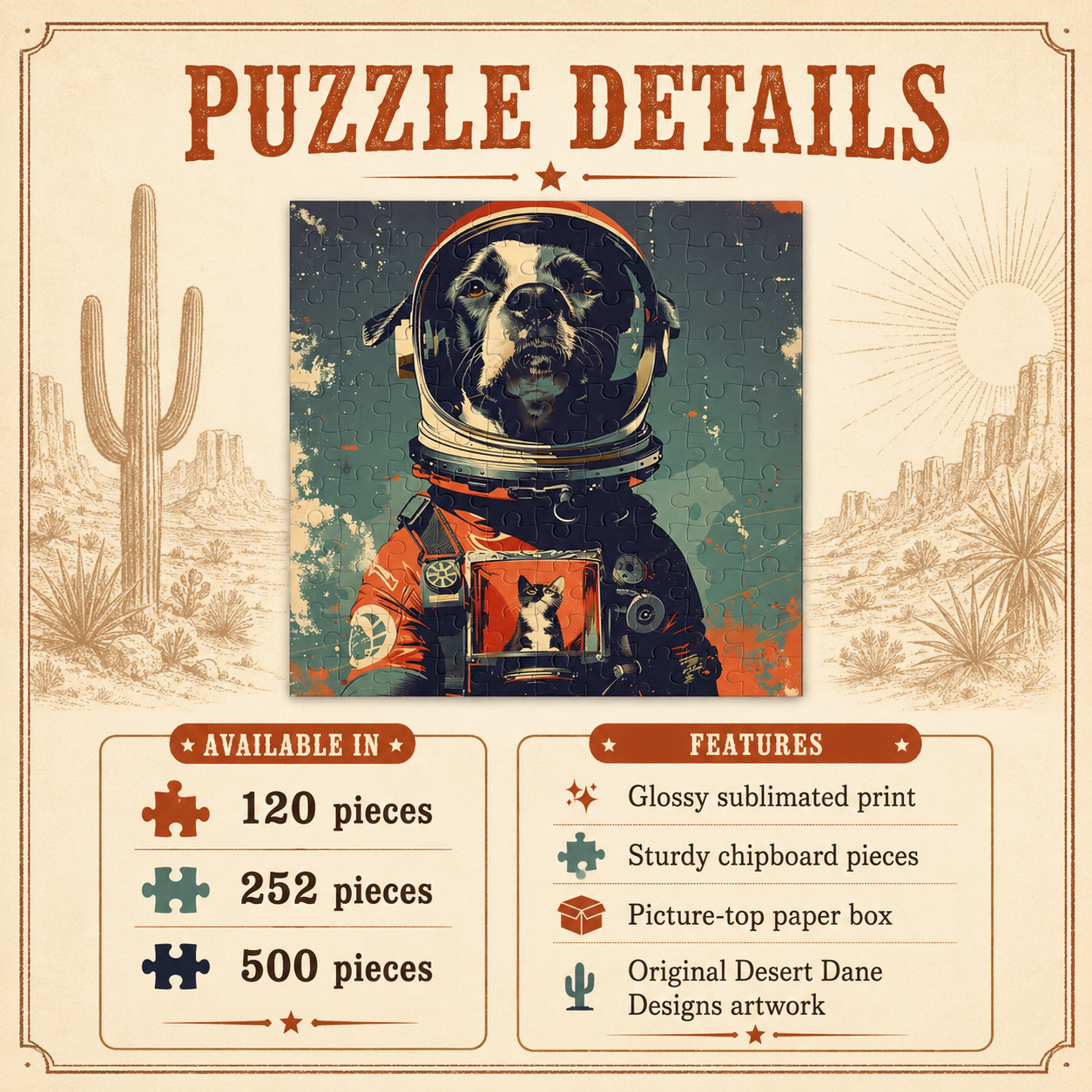 Puzzle details graphic for astronaut dog jigsaw puzzle showing 120, 252, and 500 piece options, features, and retro space dog artwork with desert illustration background