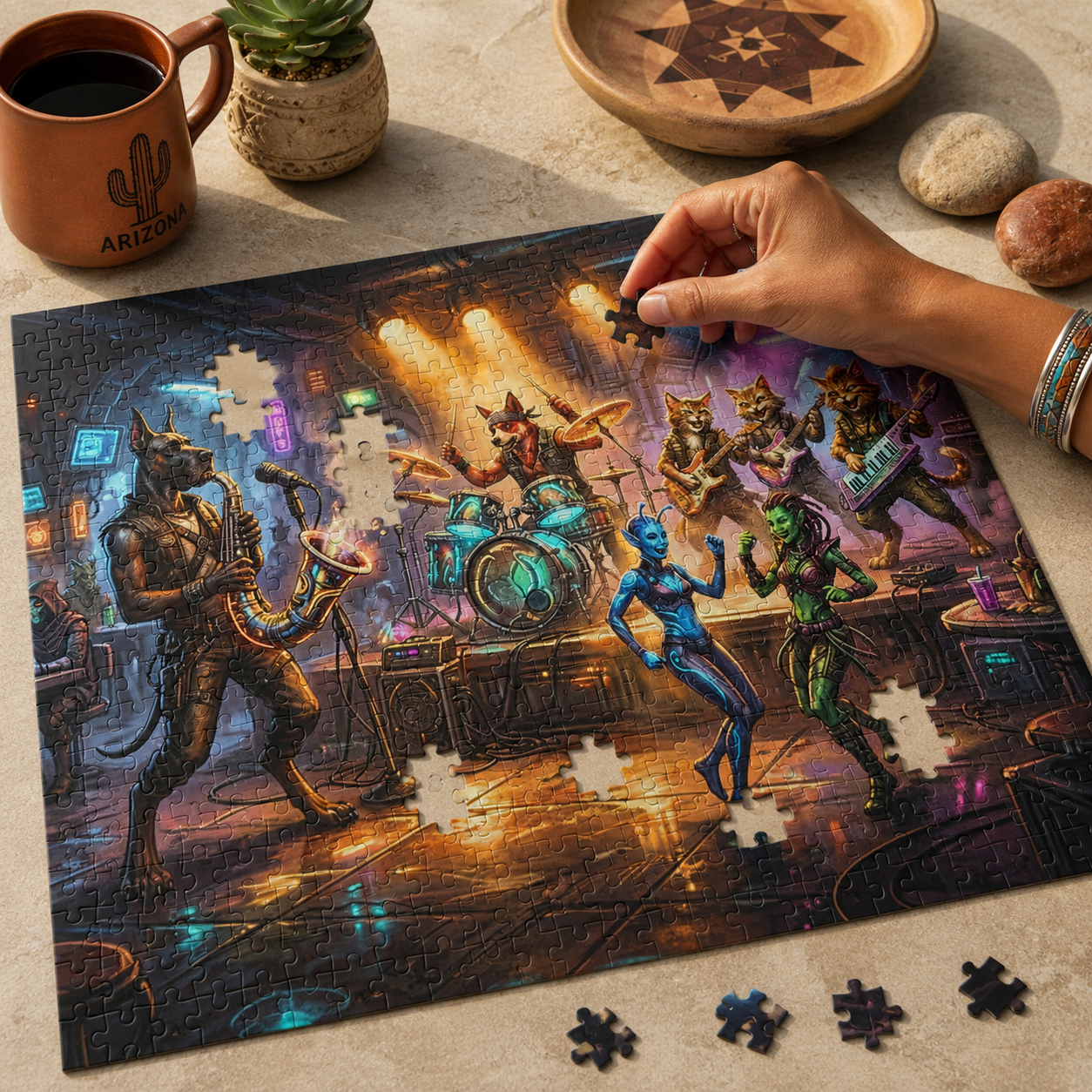 Cantina of Chaos retro-future sci-fi pet band jigsaw puzzle with Great Dane sax player, orange tabby cats, alien dancers, neon lights, and spaceport tavern scene